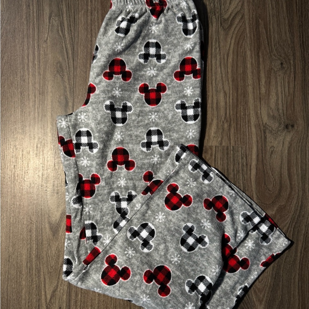 Disney Gray Fleece Pajama Pants with Red & Black Plaid Mickeys